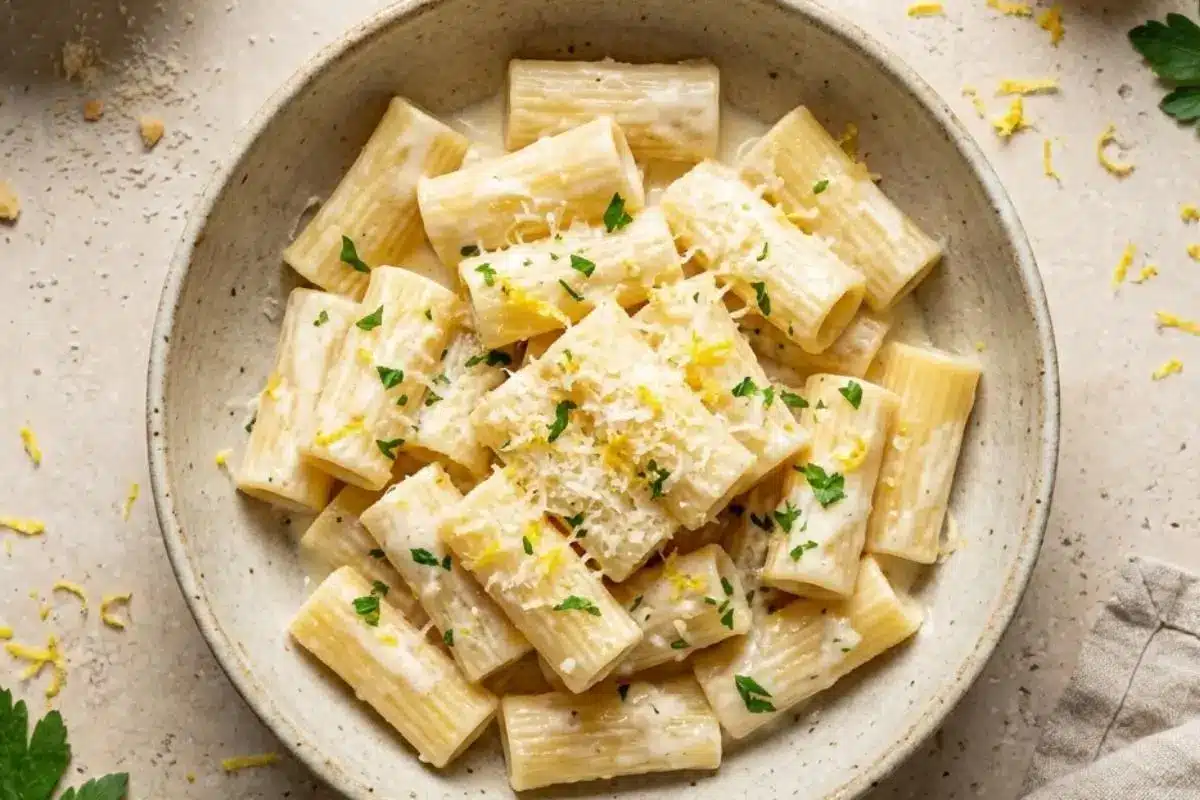 Nonna’s 15-Minute Creamy Lemon Pasta (A Foolproof Weeknight Lifesaver) Creamy Lemon Pasta A rustic ceramic bowl filled with comforting lemon ricotta pasta, beautifully garnished with fresh lemon zest, parsley, and finely grated cheese.