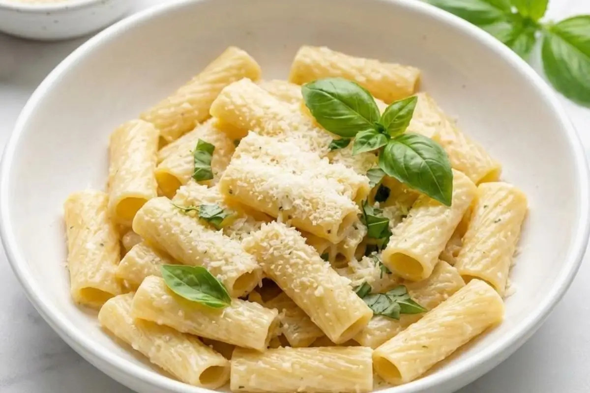 The Most Comforting Garlic Parmesan Pasta (A 20-Minute "Hug in a Bowl") Garlic Parmesan Pasta A close-up view of a rustic white bowl filled with creamy parmesan rigatoni, finished with a dusting of freshly grated cheese and a sprig of vibrant fresh basil.