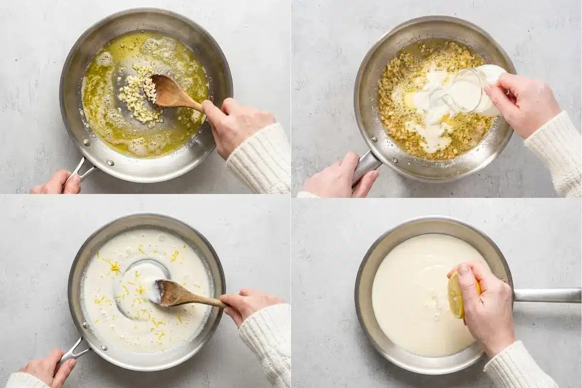 How to Make Creamy Lemon Pasta Step-by-Step A four-panel process collage showing how to make creamy lemon pasta sauce, featuring minced garlic sautéing in melted butter, pouring fresh heavy cream into the skillet, stirring in bright lemon zest, and finally squeezing fresh lemon juice into the smooth sauce.