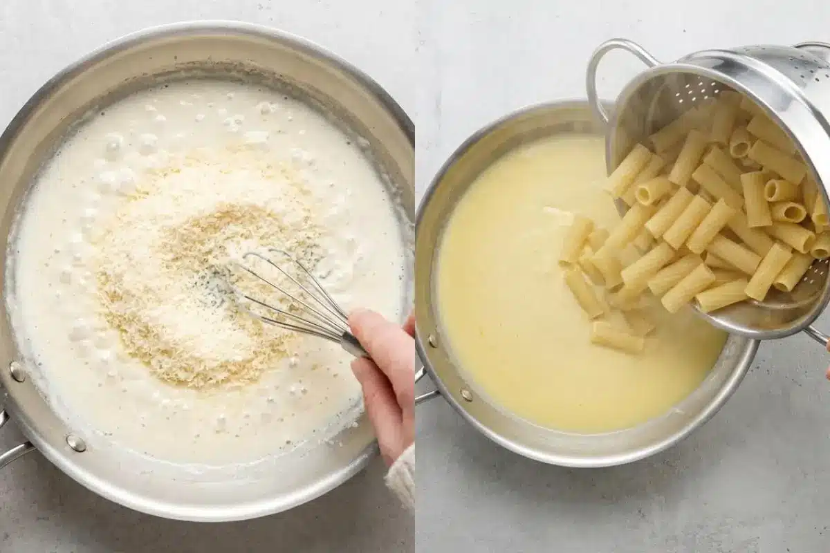 Rena's No-Fail Tips For Your Creamy Lemon Pasta A two-panel image demonstrating how to finish creamy lemon pasta, showing a hand whisking a mound of grated parmesan cheese into a bubbling sauce on the left, and pouring hot, cooked rigatoni from a metal strainer directly into the smooth sauce on the right.