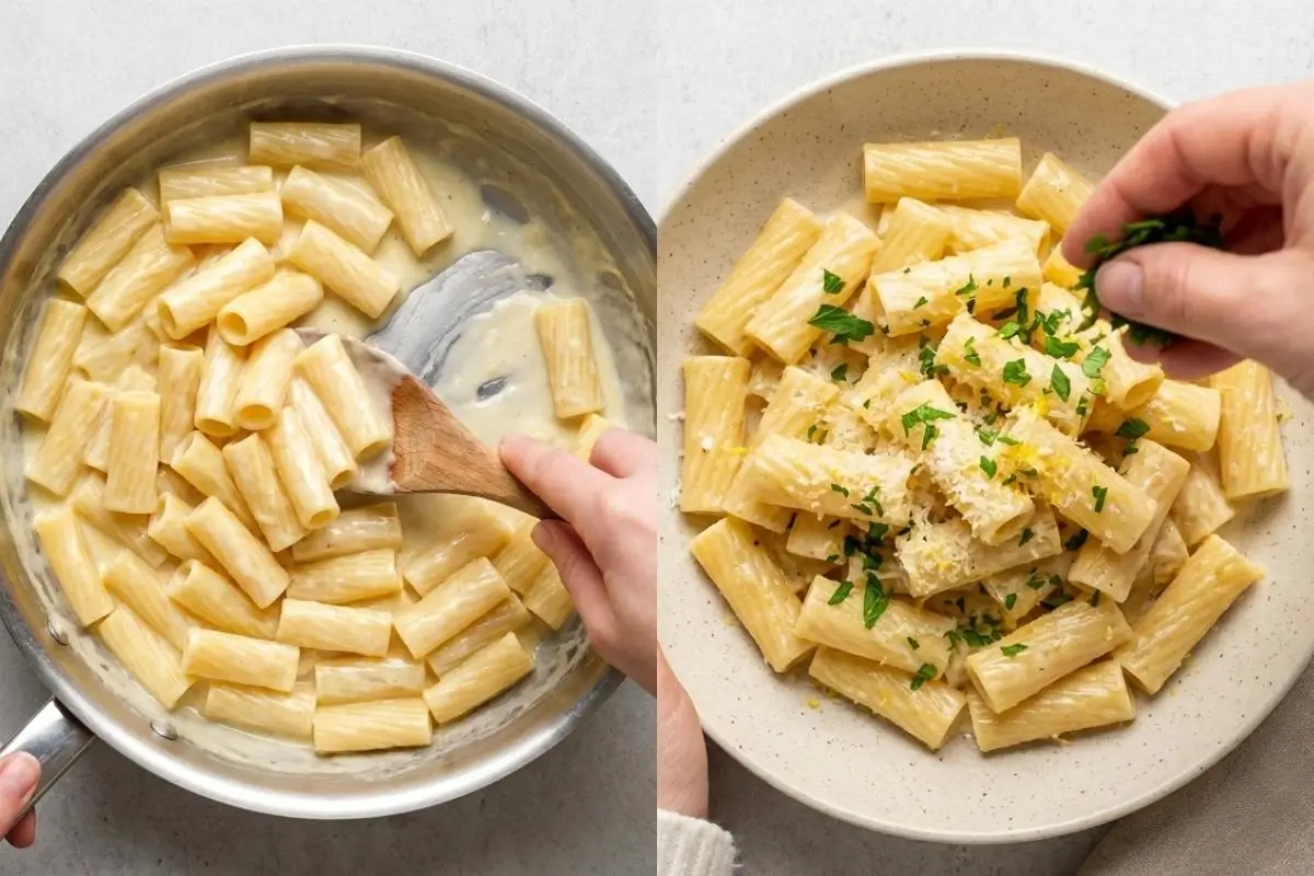 Storage & Freezing Pro-Tip For Your Creamy Lemon Pasta A two-panel image showing cooked rigatoni being gently stirred into a rich sauce in a stainless steel skillet with a wooden spoon on the left, and a hand sprinkling fresh green parsley over the beautifully plated creamy lemon pasta in a rustic ceramic bowl on the right.