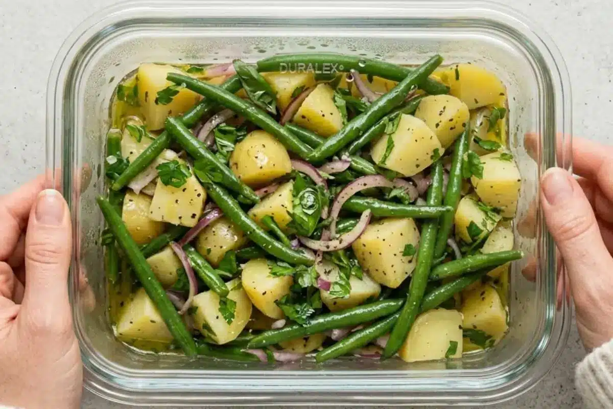 Storage & Freezing Pro-Tip for Limoncello Ricotta Cake (7) Boiled baby potatoes mixed with green beans, red onions, and fresh herbs in a glass container for a boiled baby potatoes recipe.