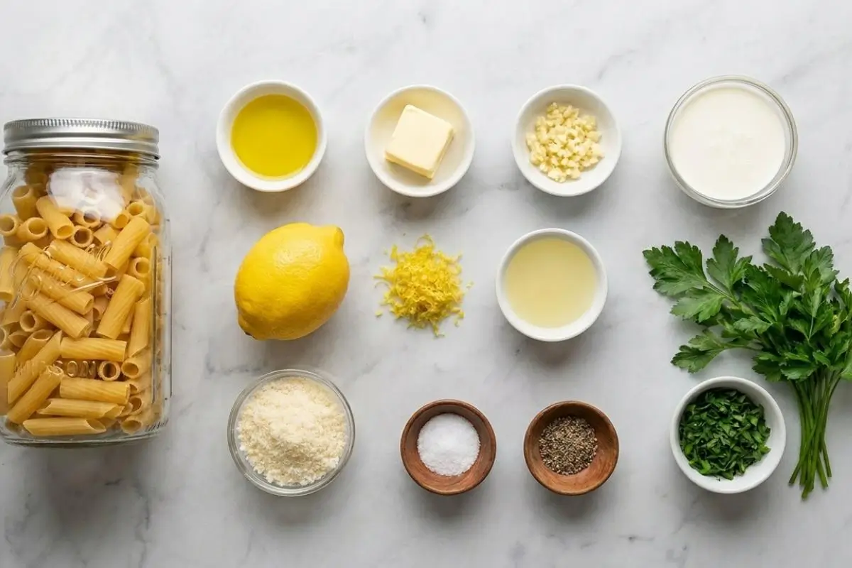 The Foolproof Ingredients List For Your Creamy Lemon Pasta An overhead arrangement of fresh creamy lemon pasta ingredients on a light marble surface, featuring a glass jar of rigatoni, a whole lemon, heavy cream, parmesan cheese, butter, garlic, and fresh parsley.