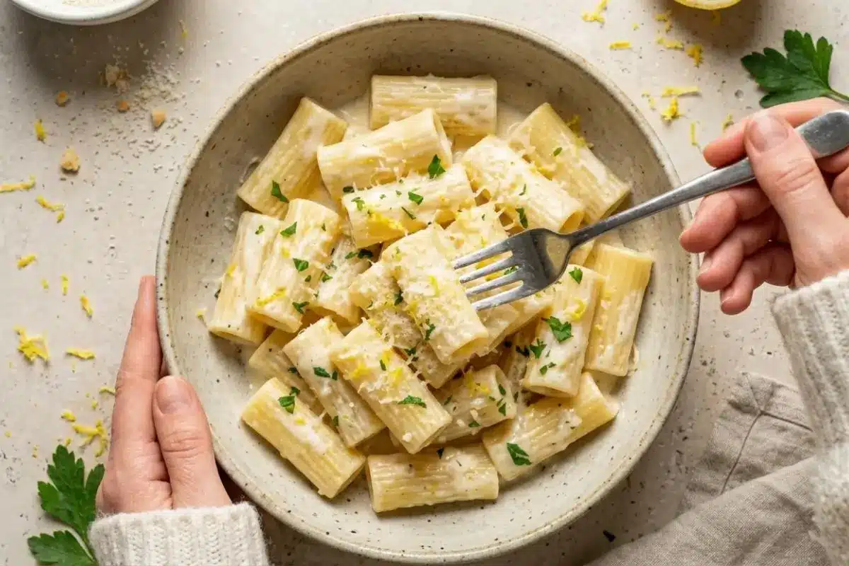 Why This Creamy Lemon Pasta Works A comforting bowl of creamy lemon pasta in a rustic ceramic dish, topped with fresh parsley and lemon zest, with a person taking a bite using a silver fork.