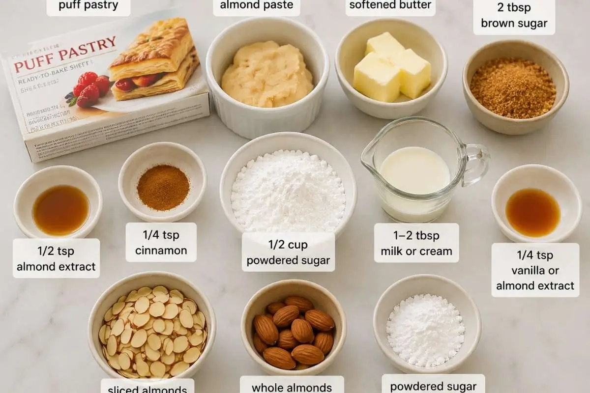 almond-kringle-ingredients Ingredients for an Almond Kringle recipe arranged on a light countertop, including puff pastry, almond paste, butter, powdered sugar, almonds, milk, cinnamon, and almond extract.
