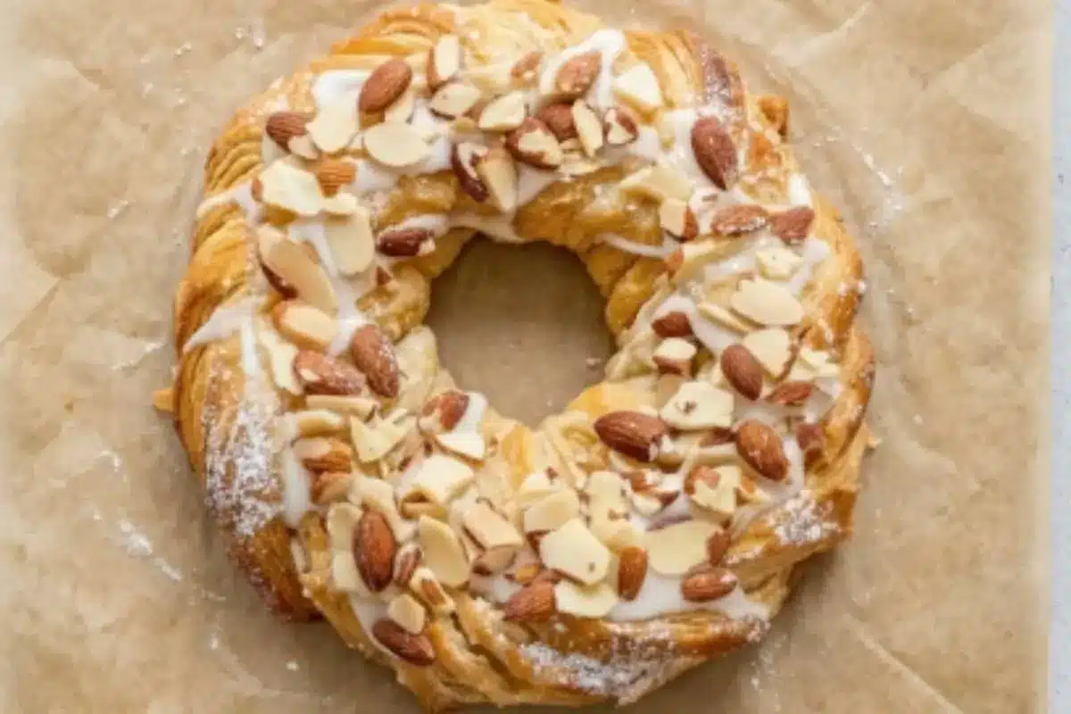 Flaky Homemade Almond Kringle: The Stress-Free Holiday Centerpiece Almond Kringle A golden, flaky Almond Kringle topped with sweet glaze, sliced almonds, and whole almonds, baked into a beautiful ring-shaped pastry.
