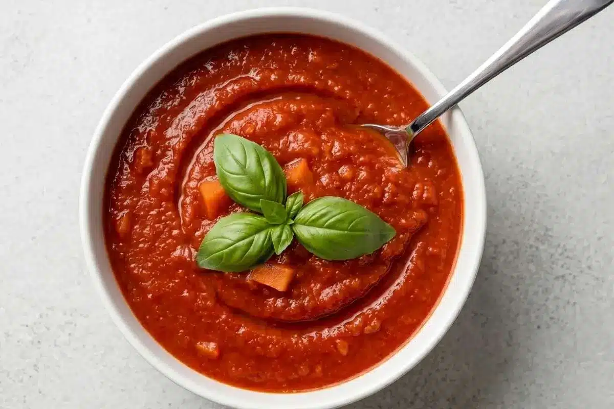 authentic-italian-sunday-sauce-basil-garnish A bowl of authentic Italian Sunday sauce topped with fresh basil leaves, featuring a rich, smooth tomato sauce and a spoon ready for serving.