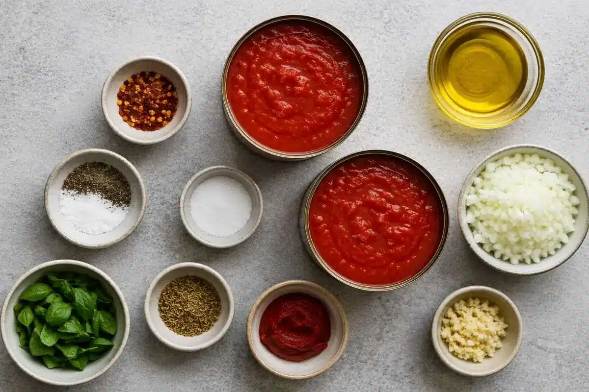 authentic-italian-sunday-sauce-ingredients (2) Ingredients for authentic Italian Sunday sauce arranged on a countertop, including crushed tomatoes, olive oil, onion, garlic, basil, tomato paste, oregano, red pepper flakes, salt, and black pepper.