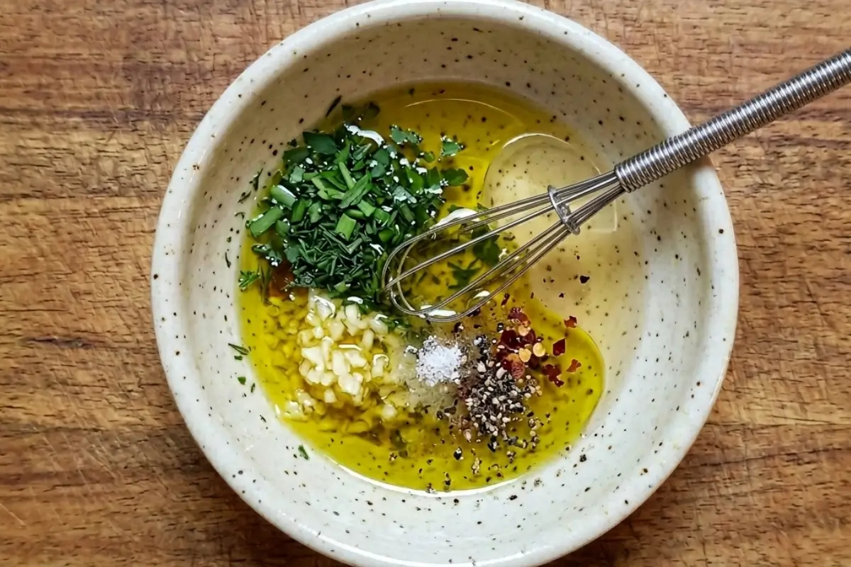 boiled-baby-potatoes-recipe-herb-vinaigrette A bowl of herb vinaigrette with olive oil, garlic, parsley, and spices being whisked for a boiled baby potatoes recipe.