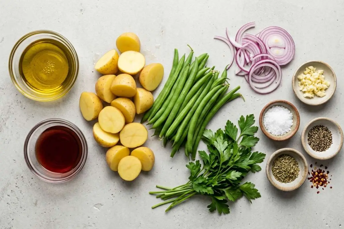 boiled-baby-potatoes-recipe-ingredients Fresh ingredients for a boiled baby potatoes recipe including halved potatoes, green beans, red onion, olive oil, vinegar, garlic, and herbs arranged on a countertop.