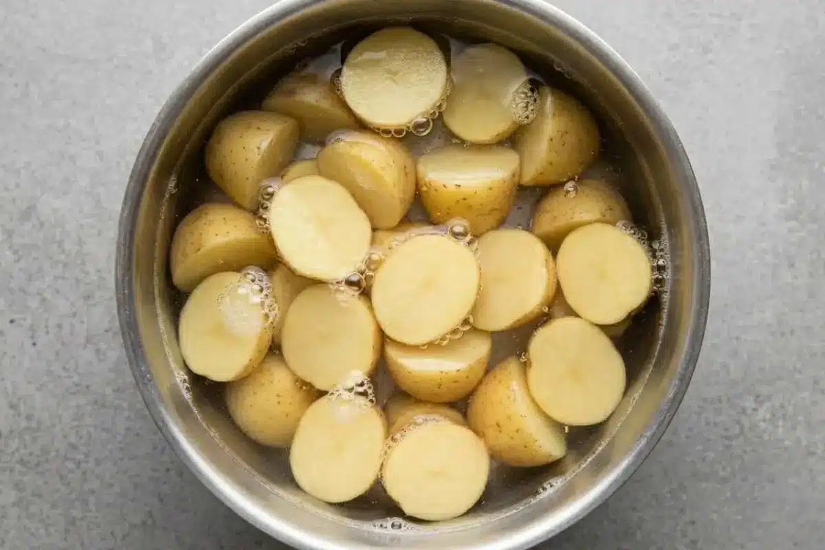 boiled-baby-potatoes-recipe-prep Halved baby potatoes soaking in water in a pot while preparing a simple boiled baby potatoes recipe.