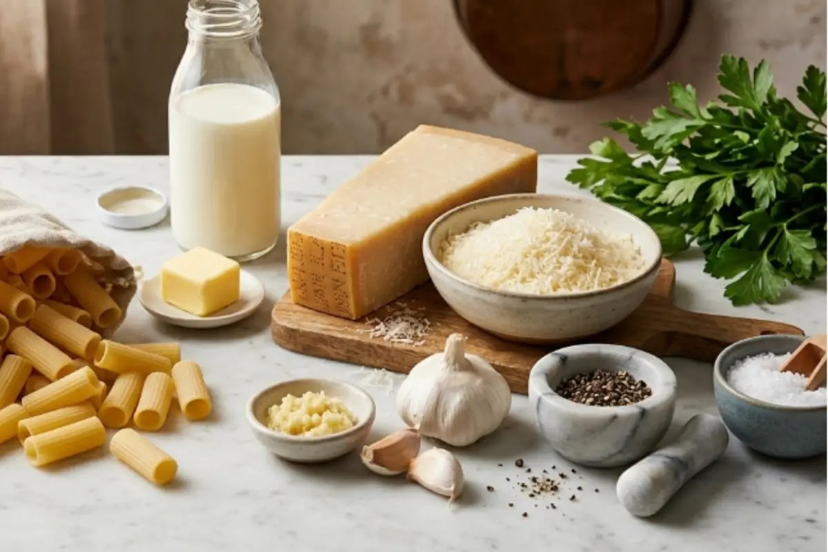 comforting-garlic-parmesan-pasta-ingredients Ingredients for The Most Comforting Garlic Parmesan Pasta recipe arranged on a marble countertop, including rigatoni, Parmesan cheese, garlic, butter, cream, parsley, salt, and pepper.