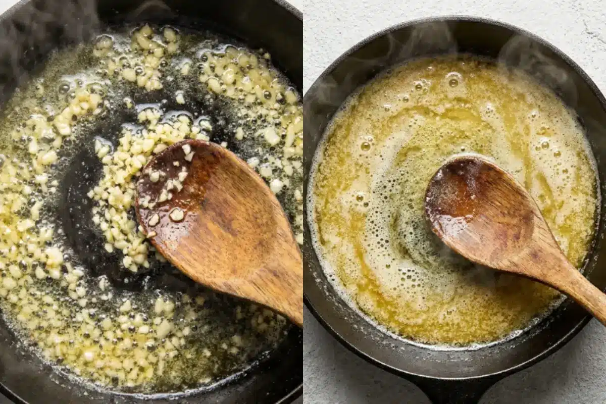 comforting-garlic-parmesan-pasta-melted-butter (1) Minced garlic cooking in melted butter in a skillet for The Most Comforting Garlic Parmesan Pasta recipe.