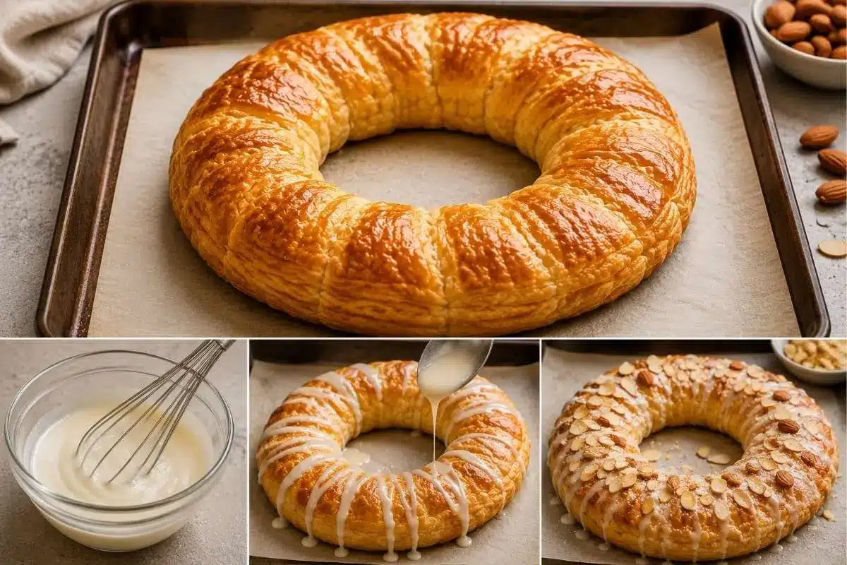 decorate-almond-kringle Step-by-step collage showing an Almond Kringle after baking, being drizzled with sweet glaze, and finished with sliced almonds for a classic bakery-style presentation.