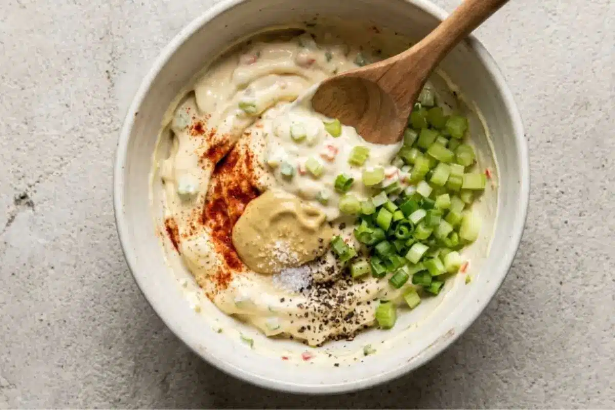 delicious-egg-salad-creamy-mixing-bowl A bowl of creamy Delicious Egg Salad mixture with celery, green onions, mustard, paprika, and seasoning ready to be stirred together.