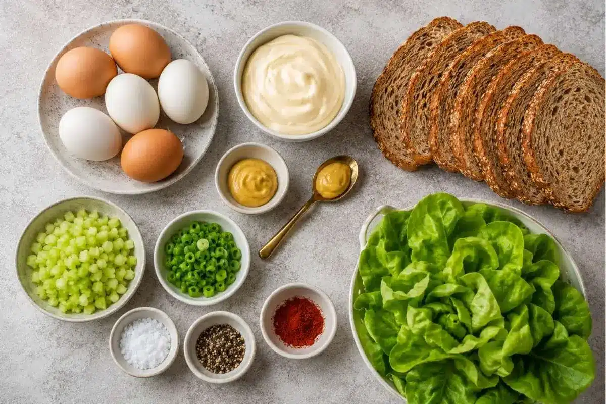 delicious-egg-salad-ingredients Ingredients for a Delicious Egg Salad recipe arranged on a countertop, including eggs, mayonnaise, mustard, celery, green onions, lettuce, bread, and seasonings.