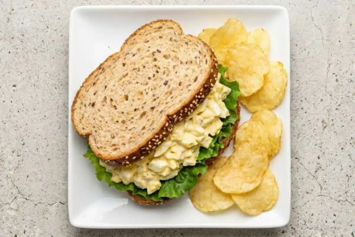 Delicious Egg Salad Recipe (Nonna’s Foolproof & Creamy Secret) egg salad recipe A homemade Delicious Egg Salad sandwich served on seeded bread with lettuce and potato chips on the side.