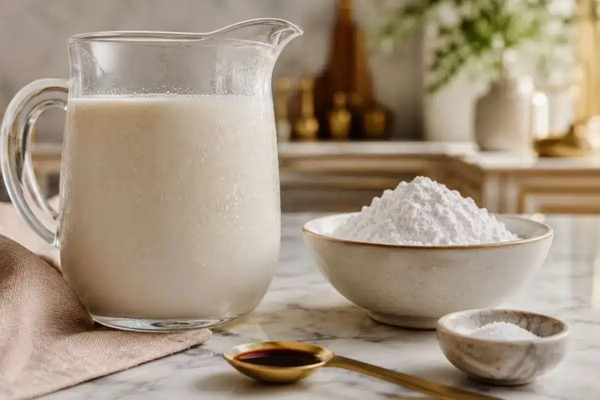 heavenly-cream-puff-filling-recipe-ingredients Ingredients for The Most Heavenly Cream Puff Filling Recipe arranged on a marble countertop, including milk, powdered sugar, vanilla, and cream.