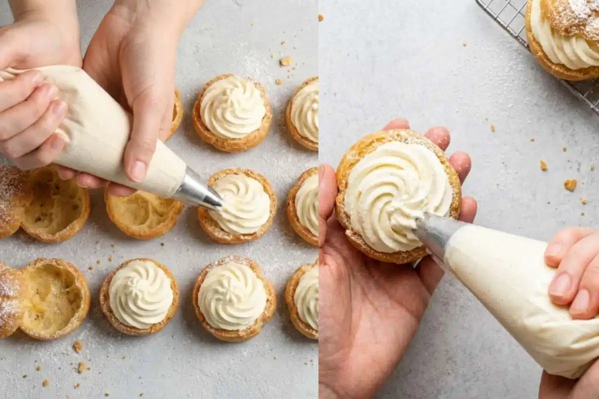 heavenly-cream-puff-filling-recipe-whipped-filling (1) Homemade cream puff filling being piped into delicate pastry shells for The Most Heavenly Cream Puff Filling Recipe.