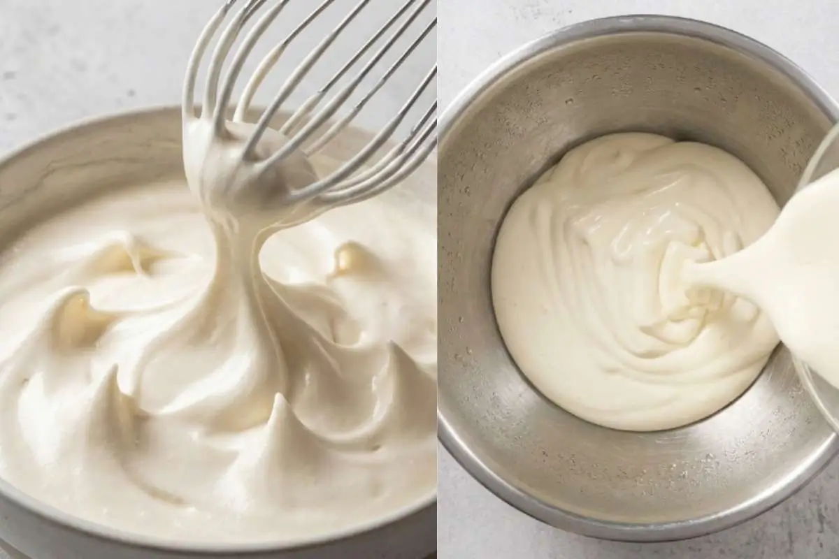 heavenly-cream-puff-filling-recipe-whipped-filling A whisk lifting silky homemade cream puff filling with soft peaks in a bowl for The Most Heavenly Cream Puff Filling Recipe.