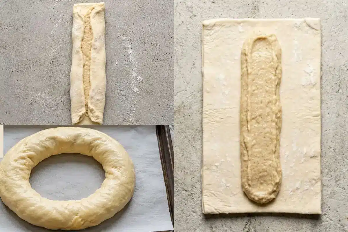 shape-almond-kringle-ring Step-by-step collage showing how to shape an Almond Kringle by spreading almond filling on puff pastry, folding the dough around the filling, and forming it into a ring before baking.