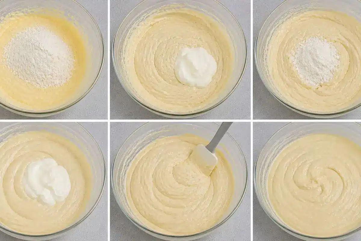 white-chocolate-raspberry-cake-batter-folding-steps Step-by-step process of folding ingredients into white chocolate raspberry cake batter, showing additions of dry ingredients and cream being gently mixed into a smooth batter.