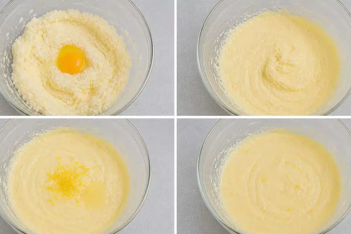 white-chocolate-raspberry-cake-batter-steps Step-by-step process of making white chocolate raspberry cake batter, showing creamed butter and sugar, egg mixing, and a smooth finished batter in glass bowls.