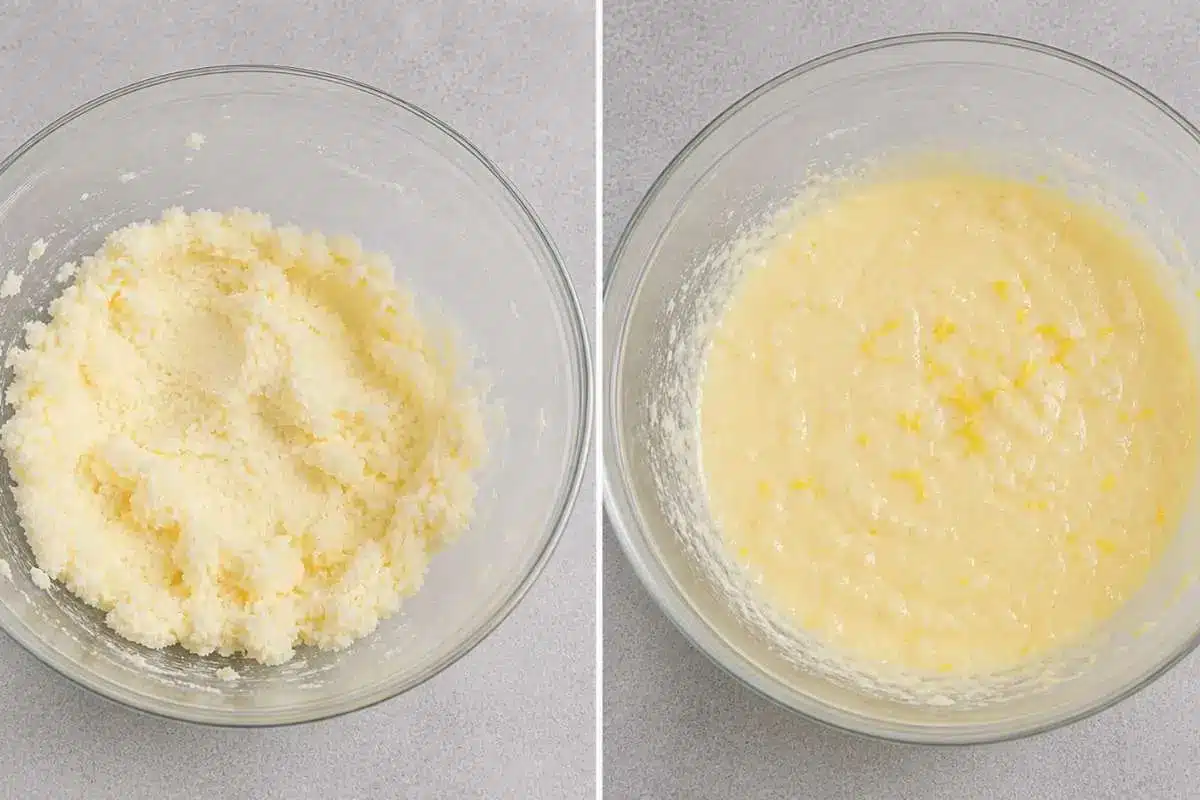 white-chocolate-raspberry-cake-creaming-butter Two steps of mixing for white chocolate raspberry cake showing creamed butter and sugar in one bowl and a smooth wet batter mixture in another glass bowl.