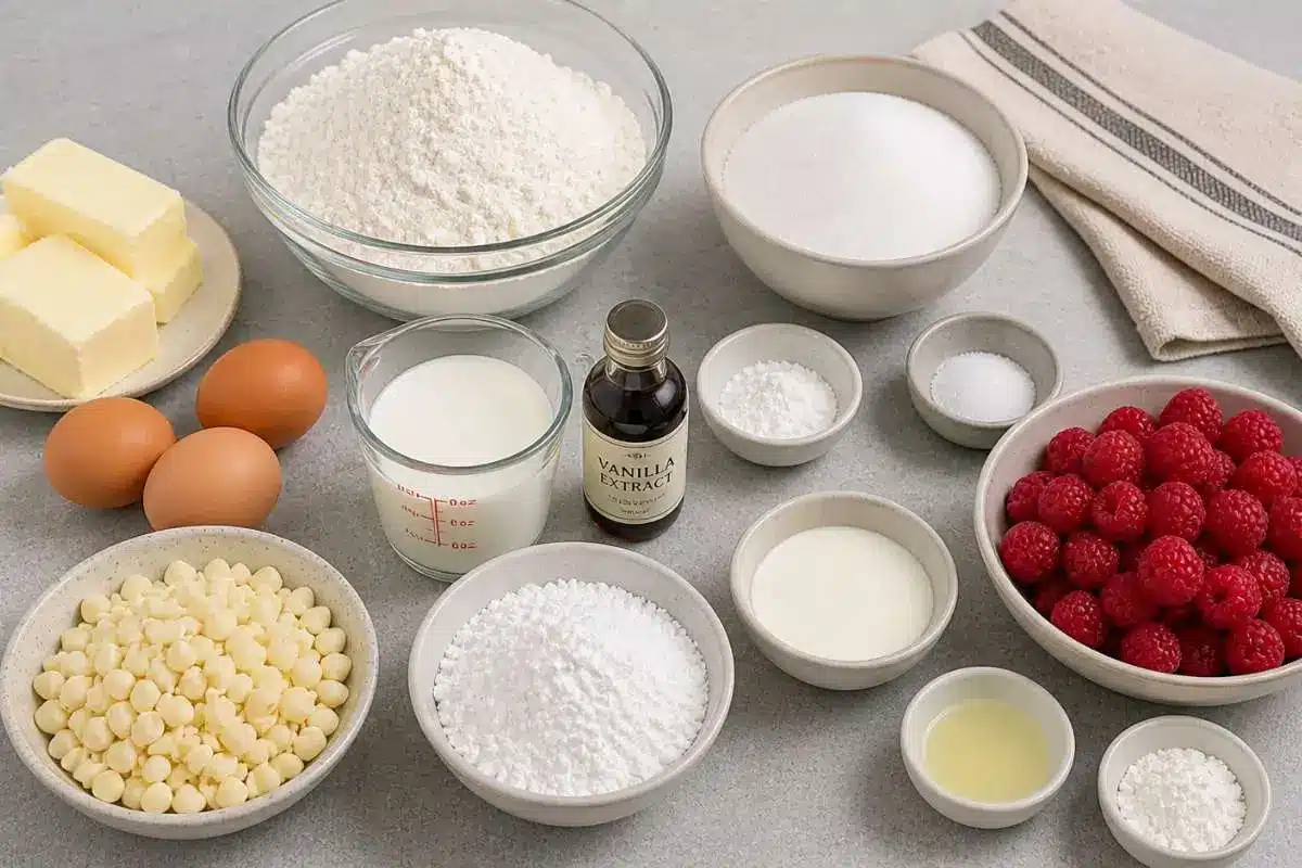 white-chocolate-raspberry-cake-ingredients A neatly arranged collection of ingredients for white chocolate raspberry cake, including fresh raspberries, flour, sugar, eggs, butter, white chocolate chips, milk, and vanilla extract on a light surface.