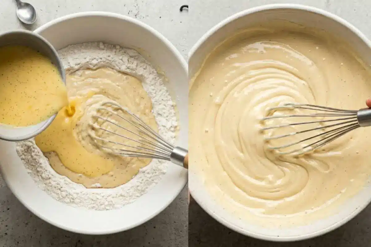 white-chocolate-raspberry-cake-recipe-batter Whisking the batter until smooth helps create the delicate texture that makes this white chocolate raspberry cake recipe so irresistible. Rich white chocolate flavor and a homemade touch come together in a cake that feels both elegant and comforting.
