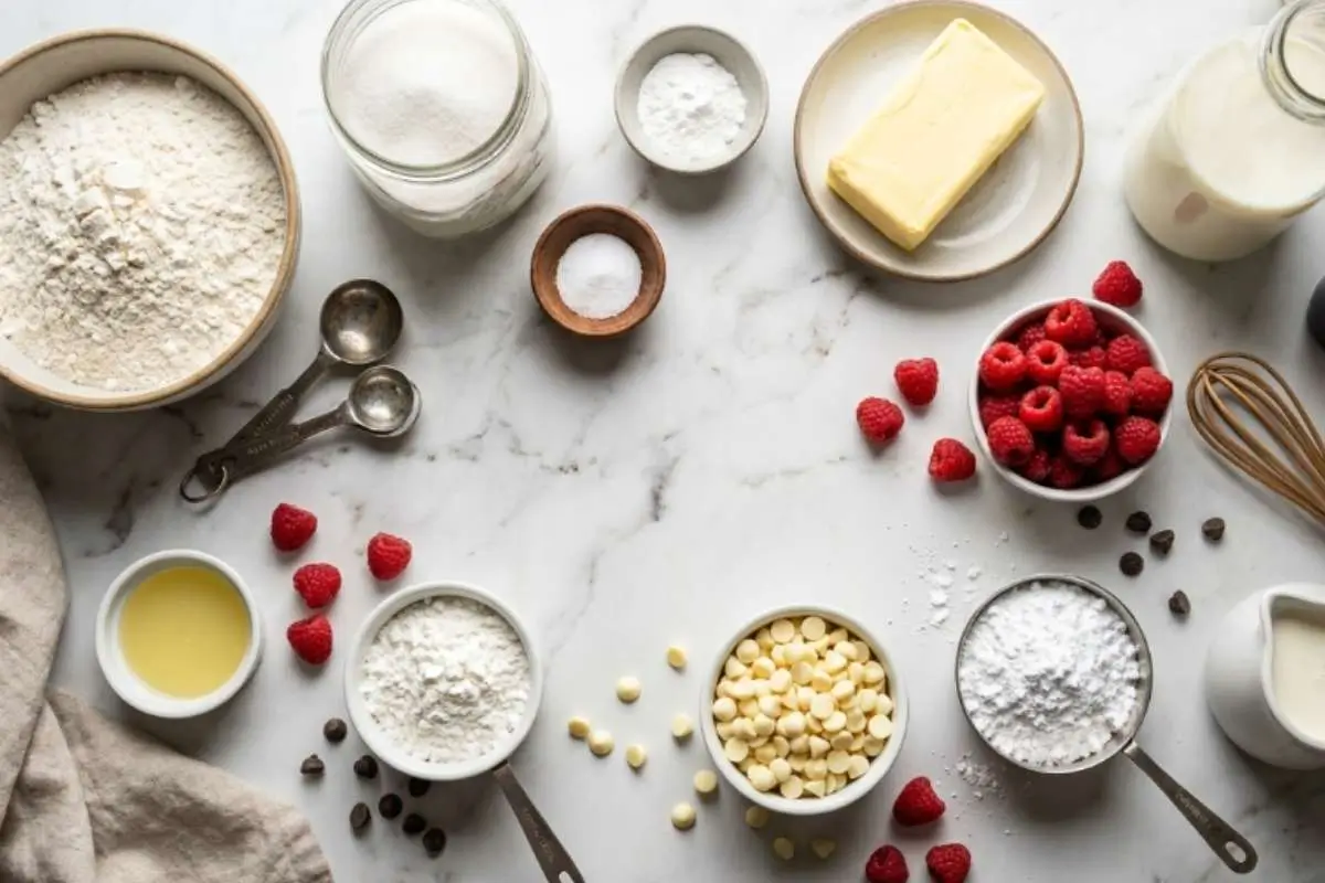 white-chocolate-raspberry-cake-recipe-ingredients Ingredients for a white chocolate raspberry cake recipe arranged on a marble countertop, including flour, butter, fresh raspberries, white chocolate chips, eggs, and cream.