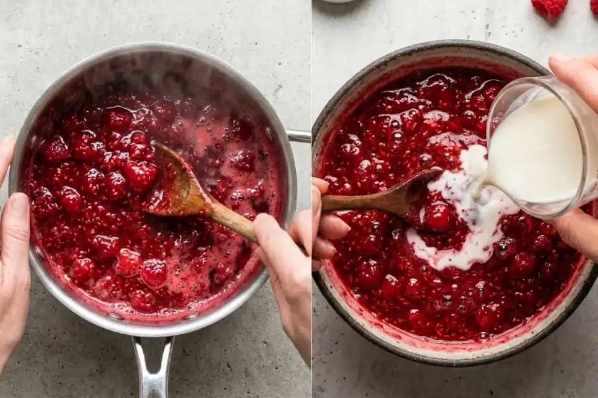 white-chocolate-raspberry-cake-recipe-raspberry-filling Milk being poured into a homemade raspberry filling for a white chocolate raspberry cake recipe while stirring fresh raspberries in a saucepan.