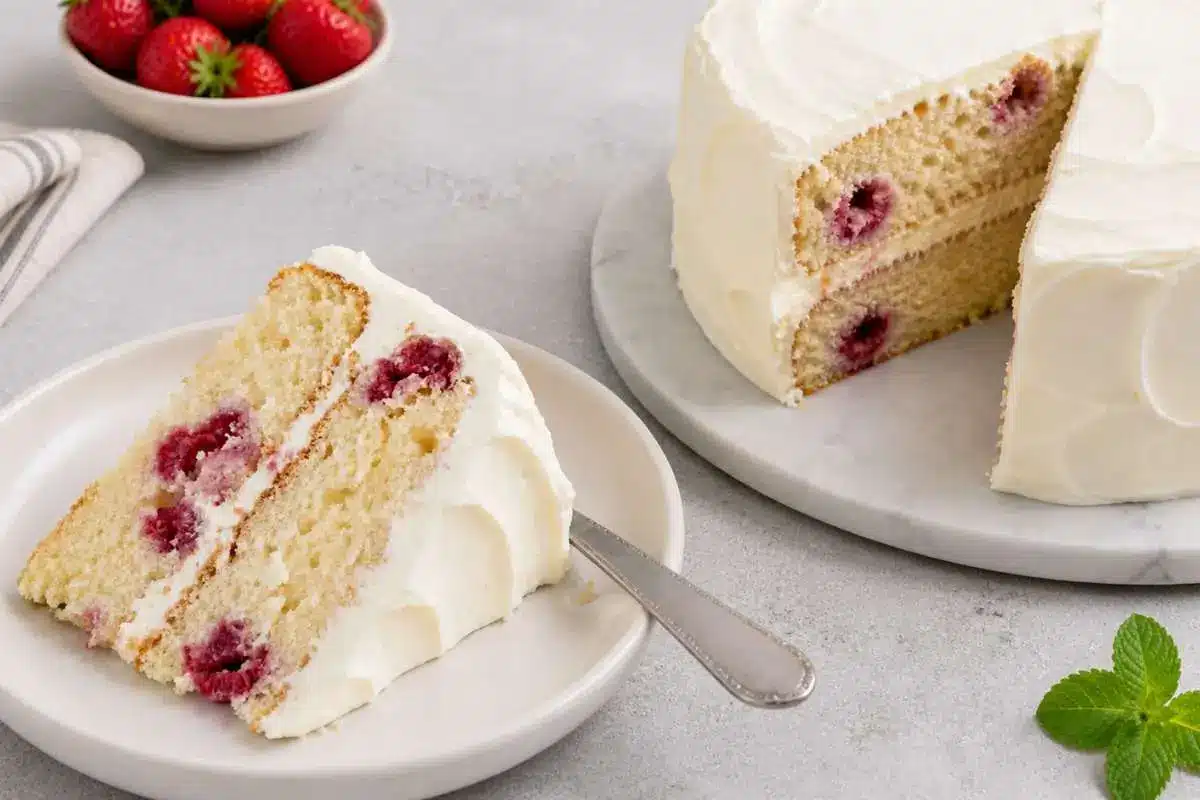 white-chocolate-raspberry-cake-whole-and-slice A beautifully imperfect white chocolate raspberry cake with smooth frosting, showing a sliced layer filled with raspberries and a plated slice beside it.