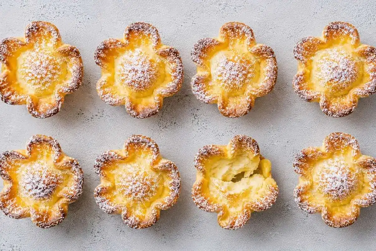 baked-soffioni-abruzzesi-sweet-ricotta-pastries Freshly baked Soffioni Abruzzesi sweet ricotta pastries dusted with powdered sugar, arranged on a light surface with one pastry opened to reveal its airy ricotta filling.