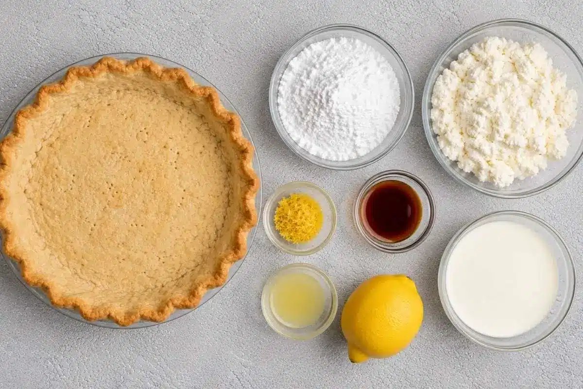 creamy-lemon-ricotta-pie-ingredients Ingredients for Creamy Lemon Ricotta Pie arranged on a countertop, including a pre-baked pie crust, ricotta cheese, powdered sugar, heavy cream, lemon zest, lemon juice, vanilla extract, and a fresh lemon.