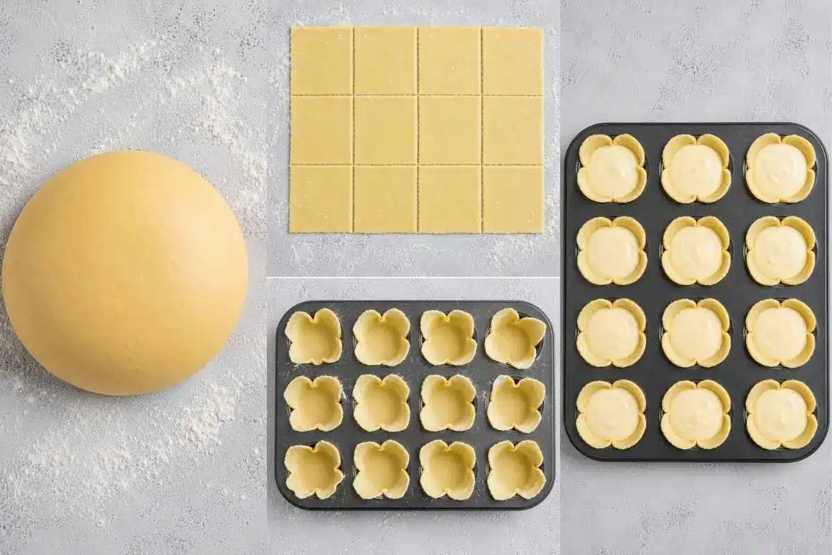 soffioni-abruzzesi-assembly-process Step-by-step assembly of Soffioni Abruzzesi sweet ricotta pastries, showing rested dough, rolled pastry squares, flower-shaped pastry shells in a muffin tin, and shells filled with creamy ricotta mixture before baking.