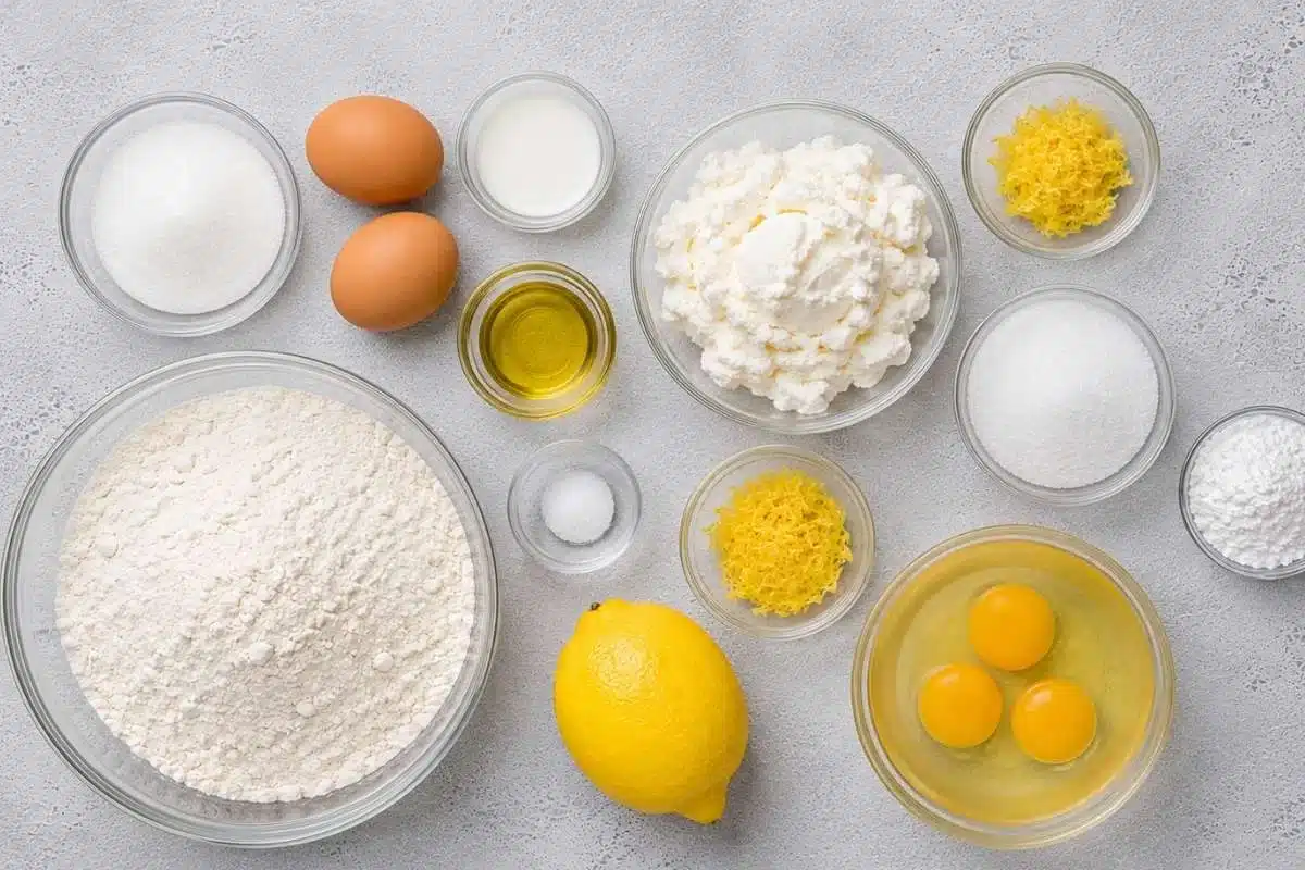 soffioni-abruzzesi-ingredients Overhead view of the ingredients for Soffioni Abruzzesi sweet ricotta pastries, including flour, ricotta cheese, eggs, sugar, lemon zest, olive oil, milk, and a fresh lemon arranged in glass bowls.