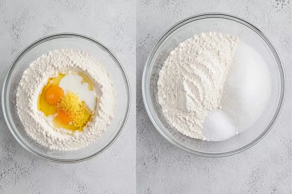 soffioni-abruzzesi-pastry-dough-preparation Step-by-step preparation of Soffioni Abruzzesi pastry dough, showing flour mixed with eggs, milk, olive oil, and lemon zest alongside a bowl of flour, sugar, and salt before combining.