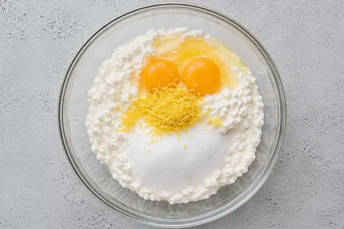 soffioni-abruzzesi-ricotta-filling-preparation A glass bowl filled with ricotta cheese, eggs, sugar, and fresh lemon zest, prepared for the creamy filling of traditional Soffioni Abruzzesi sweet ricotta pastries.
