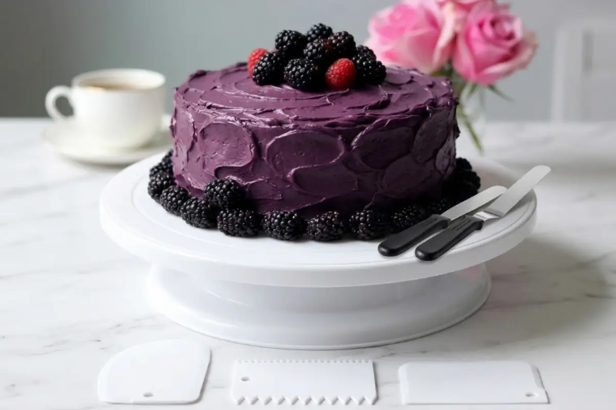 lackberry Velvet Cake with Kootek Cake A beautiful, rustic blackberry velvet cake with textured purple frosting and a crown of fresh berries, sitting on a white rotating cake stand with decorating tools nearby.